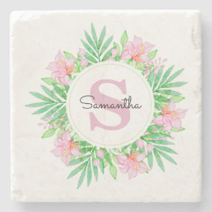 Elegant Monogrammed Waterverf Floral Stenen Onderzetter