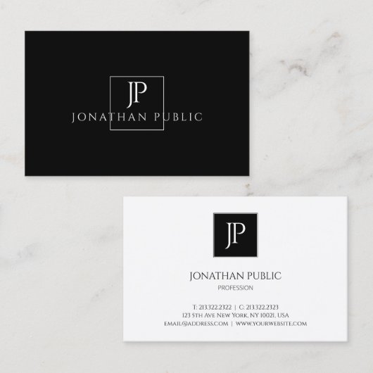 Elegant Monogrammed Zwart Wit Modern Plain Visitekaartje (Voorkant / Achterkant)