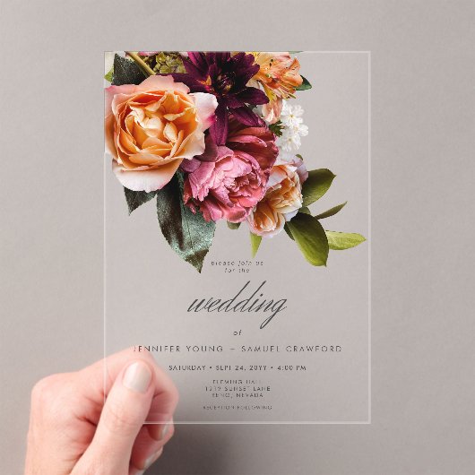 Elegant Moody Bourgondië & Roze Bloemen bruiloft Acryl Uitnodigingen (Insitu (Draagbaar))