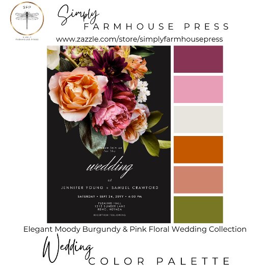 Elegant Moody Bourgondië & Roze Bloemen bruiloft Save The Date