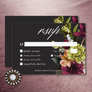 Elegant Moody Bourgondië & Roze Bloemen diner RSVP Kaartje