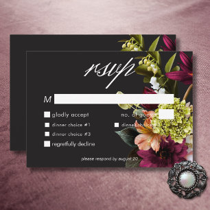 Elegant Moody Bourgondië & Roze Bloemen diner RSVP Kaartje
