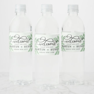 Elegant Moody Eucalyptus Leaves Greenery Wedding Waterfles Etiket