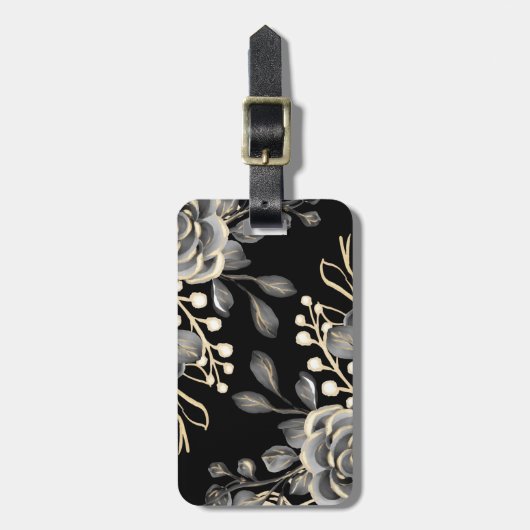 Elegant Moody Grey Bloemen Goud Zwart Waterverf Bagagelabel (Voorkant verticaal)