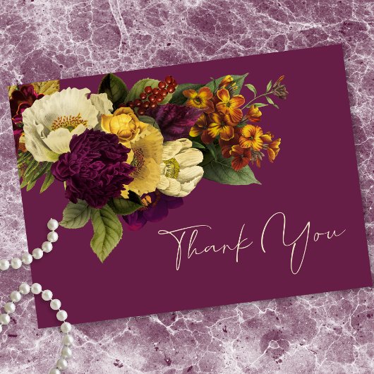 Elegant Moody Jewel Vintage Floral Wine Wedding Bedankkaart
