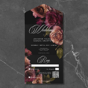 Elegant Moody Muted Rust & Bourgondië Floral QR Co All In One Uitnodiging
