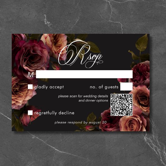Elegant Moody Muted Rust & Bourgondië Floral QR Co RSVP Kaartje