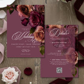 Elegant Moody Rust Burgundy Floral QR Code Wedding Kaart