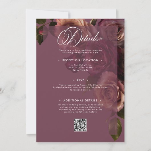 Elegant Moody Rust Burgundy Floral QR Code Wedding Kaart (Achterkant)