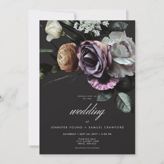 Elegant Moody Twilight Gedempte Bloemen Bruiloft Kaart (Voorkant)