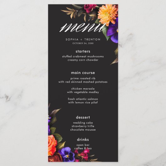 Élégant Moody Vibrant Harvest Floral Mariage Menu (Devant)