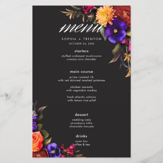 Élégant Moody Vibrant Harvest Floral Mariage Menu (Devant)