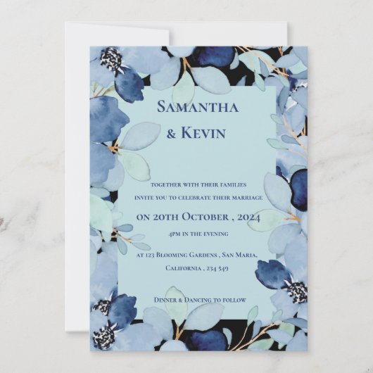 Elegant Moody Waterverf Blauw Bloemen Bruiloft Kaart (Voorkant)