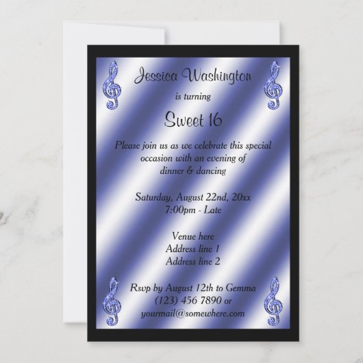 Elegant, mooi blauw Treble Clefs Sweet 16 Kaart (Achterkant)