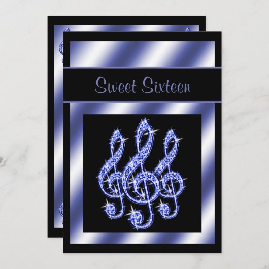 Elegant, mooi blauw Treble Clefs Sweet 16 Kaart (Voorkant / Achterkant)