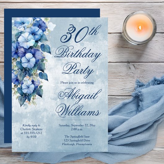 Elegant Morning Glories Blue Floral 30th Birthday Kaart