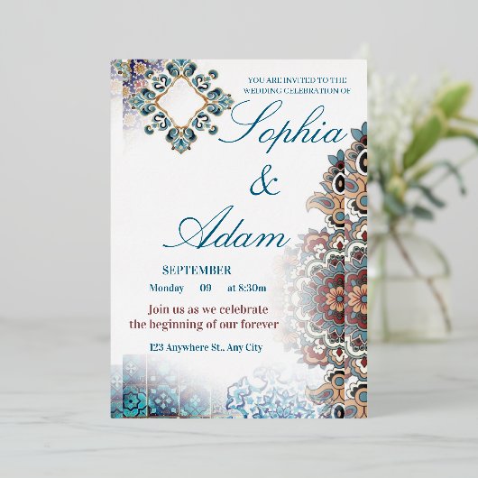 Elegant Moroccan Tile Wedding Invitation (Debout devant)