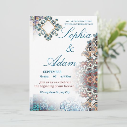 Elegant Moroccan Tile Wedding Invitation (Debout devant)