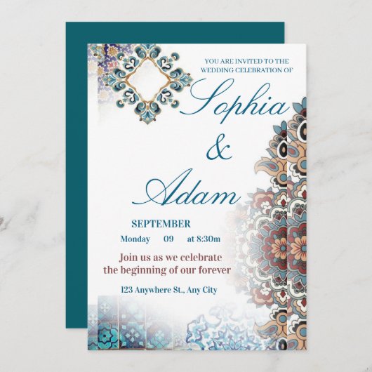 Elegant Moroccan Tile Wedding Invitation (Devant / Derrière)