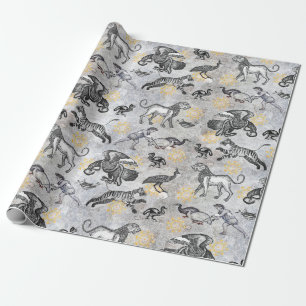 Elegant Mosaic Black White Gold Tiger Lion Eagle Cadeaupapier
