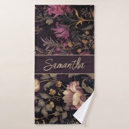 élégant motif de fleurs foncées avec nom (Serviette de bain)