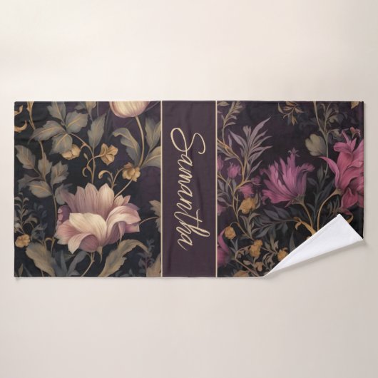 élégant motif de fleurs foncées avec nom (Serviette de bain)