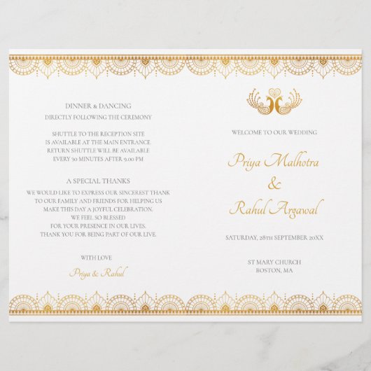 Élégant Motif d'or programme de mariage indien (Devant)