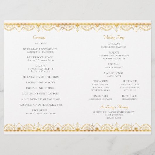 Élégant Motif d'or programme de mariage indien (Dos)