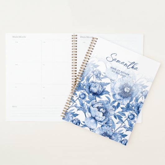 Élégant motif floral bleu Script Maid of Honor (Devant avec enveloppe)