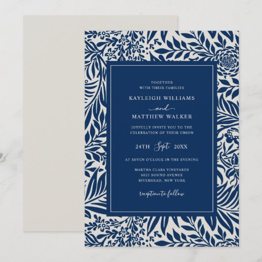Élégant motif floral Vintage | Invitation bleue (Devant / Derrière)