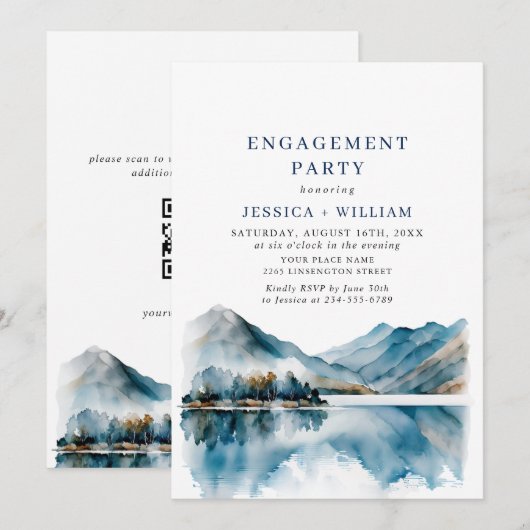 Elegant Mountains Forest Engagement Party QR code Kaart (Voorkant / Achterkant)