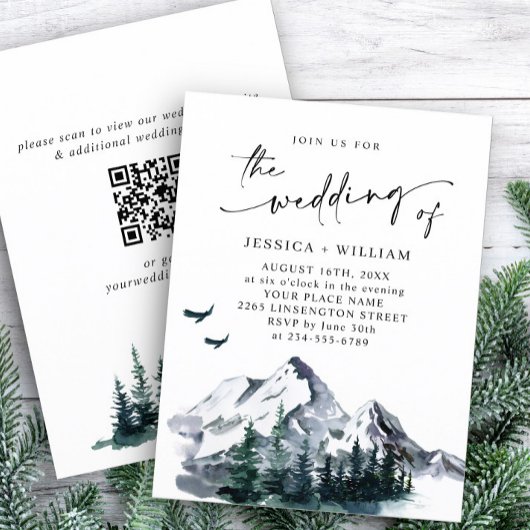 Elegant Mountains Forest Wedding QR code Kaart