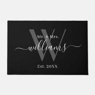 Elegant Mr en Mrs Black Grey Monogram Name Script Deurmat