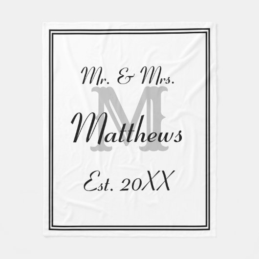 Elegant Mr en Mrs Monogram White Fleece Deken (Voorkant)