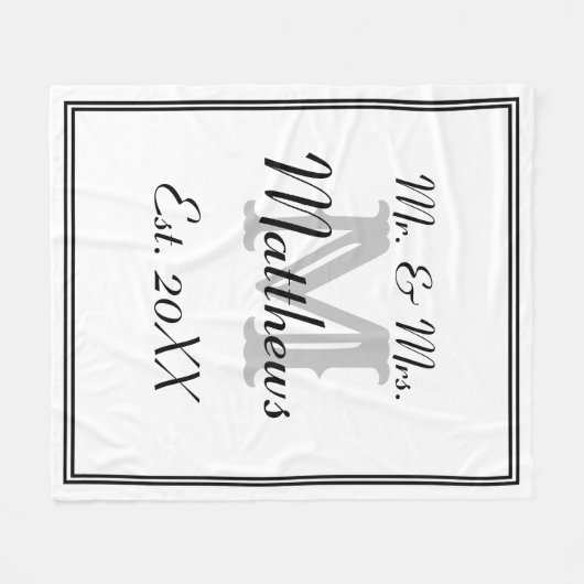 Elegant Mr en Mrs Monogram White Fleece Deken (Voorkant (Horizontaal))