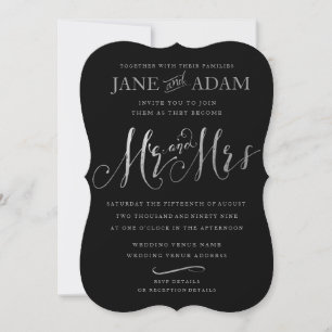 Elegant Mr & Mrs Black & Silver Typography Wedding Kaart