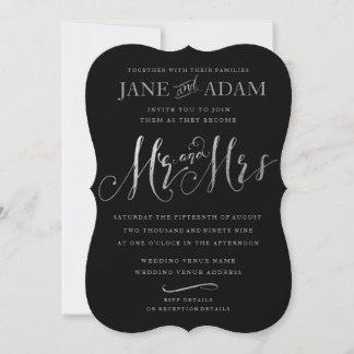 Elegant Mr & Mrs Black & Silver Typography Wedding Kaart