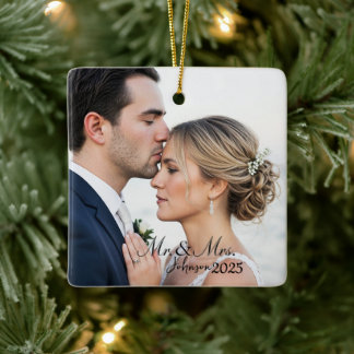Elegant Mr. & Mrs. Custom Wedding Photo Monogram Keramisch Ornament