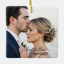 Elegant Mr. & Mrs. Custom Wedding Photo Monogram Keramisch Ornament