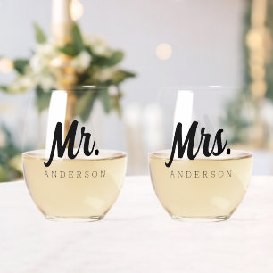 Elegant Mr & Mrs + Naam Bruiloft Passen getrouwd Wijnglas Zonder Voet