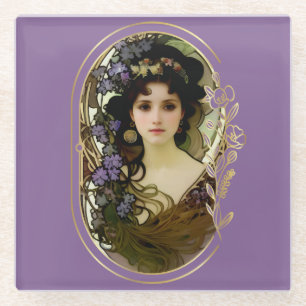 Elegant Mucha Style Portret van een mooie vrouw Glazen Onderzetter
