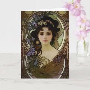 Elegant Mucha Style Portret van een mooie vrouw Kaart