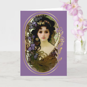 Elegant Mucha Style Portret van een mooie vrouw Kaart