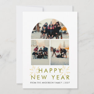 Elegant Multi-Foto Raam Familie Gelukkig Nieuwjaar Feestdagenkaart