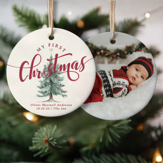 Elegant My First Christmas Tree Script Baby Photo  Keramisch Ornament