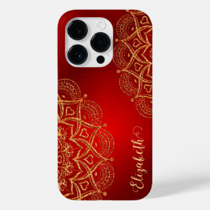 Elegant Name Monogram Red en Gold Mandala Case-Mate iPhone 14 Pro Hoesje