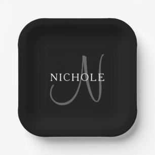 Elegant Name Monogram Zwart wit en grijs Papieren Bordje