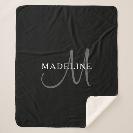 Elegant Name Monogram | Zwart wit en grijs Sherpa Deken (Voorkant)