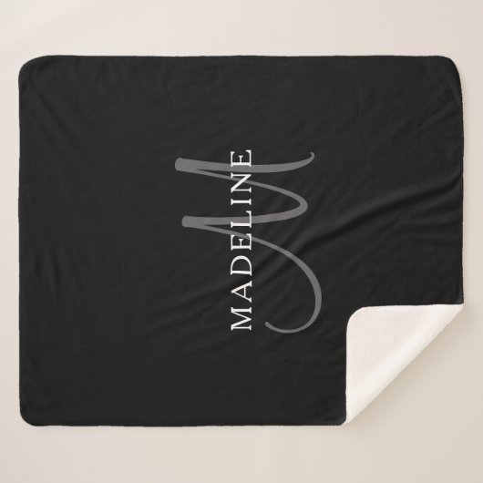 Elegant Name Monogram | Zwart wit en grijs Sherpa Deken (Voorkant (horizontaal))