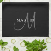 Elegant Name Monogram | Zwart wit en grijs Theedoek (Gevouwen)